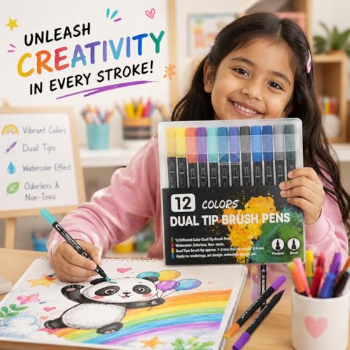 Image of Corslet 12 Pcs Dual Tip Brush Pens Vibrant Colours for Mandala Colouring Professional Dual Tip Felt Tip Pens with Flexible Brush Tip & Extra Fine Liner Tip for Detailed Artwork Watercolour Markers