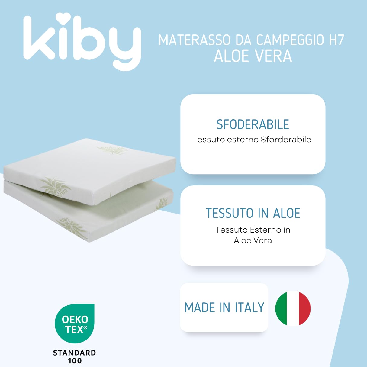 Kiby® Materasso per Lettino da Campeggio 7CM (Certificato OEKO-TEX® & CERTIPUR™) in Aloe Vera, Pieghevole