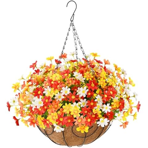 Homsunny Artificial Faux Hanging Flowers in Basket for Summer Outdoor Porch Decoration,Fake Hanging Plants with 12inch Coconut Lining Chain for Outside Garden Patio Decor(Orange red White) Cover