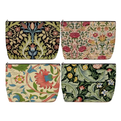 4 Pieces Makeup Bag Classic Flower Botanical Floral Aesthetics Skincare Bag Travel Toiletry Bag Makeup Pouch Cosmetic Bag Friendship Thank You Gifts for Women Aunt Girls Friends Bestie Manager Boss