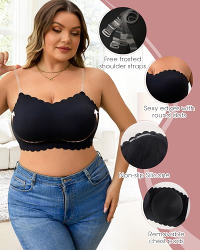 Image of Strapless Wireless Bra for Women Scalloped Full Coverage Bandeau Comfortable Everyday Non-Wired Bra for Large Busts