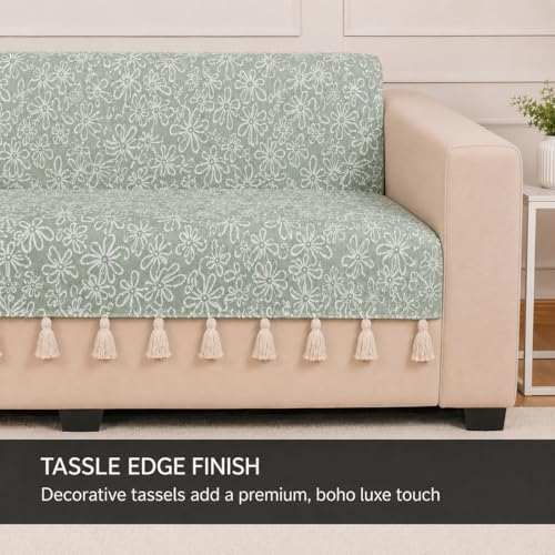 Image of STITCHNEST 'Verdant Phool Stories' 2 Seater Sofa Cover - Full Coverage| Elegant Jacquard Fabric, Decorative Tassels, Washable & Durable for Modern Living
