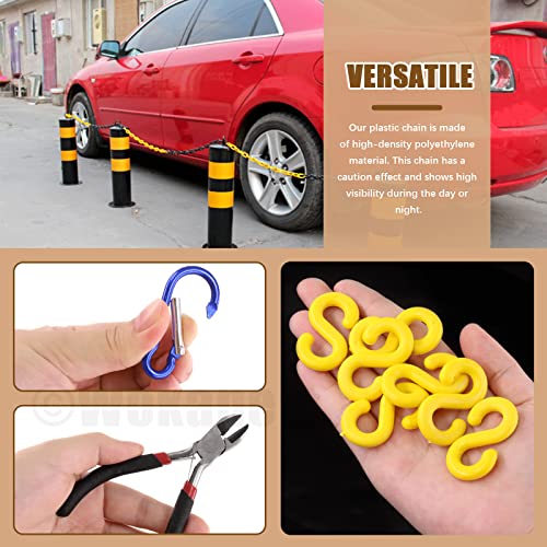 Wokape 32 Feet Yellow Plastic Safety Barrier Chain, Safety Security Chain With Pliers 8 S-Hooks 6 Carabiner D Rings 1 Chain Cutter 50 Cable Zip Ties, Parking Barrier And Delineator Post With Base #TOP4