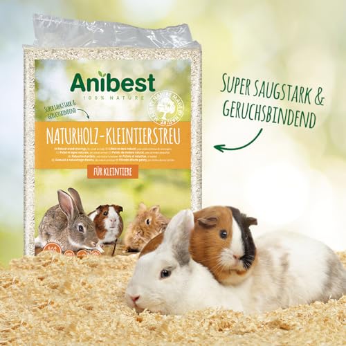 Anibest Kleintierstreu, 100 % natürliche Einstreu für Kaninchen, Hamster, Meerschweinchen & Co, saugfähige Weichholzspäne, staubfrei & geruchsbindend, 3,2 kg/ 60 l