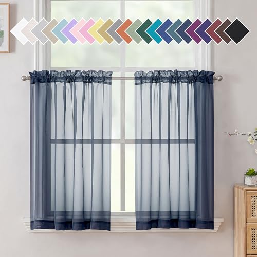 Aiyufeng Rideaux transparents bleu marine de 91,4 cm de long, rideaux courts pour cuisine, traitement de fenêtre solide, rideaux de café, rideaux de salle de...