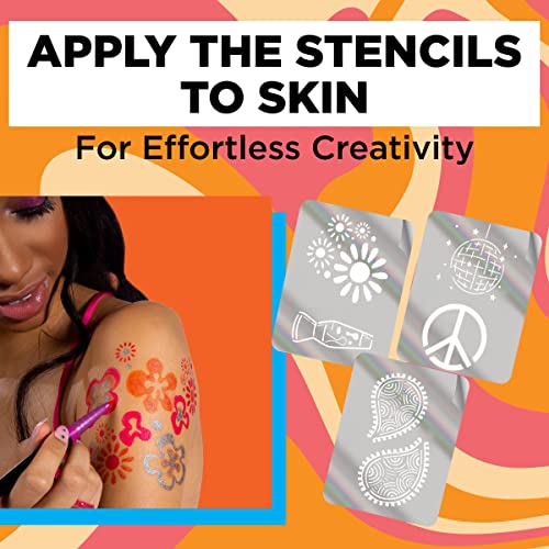 Bodymark Groovy Temporary Tattoo Markers For Skin, Premium Brush Tip, Includes 3 Count Of Assorted Markers And Stencils Set, 1 Orange, 1 Magenta, 1 Silver, 3 Ct #TOP4