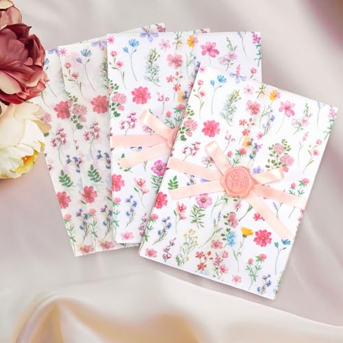 AnyDesign 50 Sets Wedding Invitations Wraps Flower Pre-Folded Vellum Jackets Pink Floral Wildflower Paper Envelope Liner with Wax Seal Sticker and Ribbon for 5 x 7 Invitation Cards