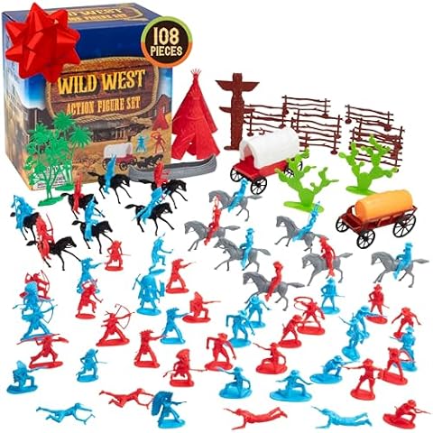 Wild West Action Figure Playset- 100+ pc Cowboys & Native Americans Figurine Toys- Includes Rideable Horses, Wagons, Canoes, & More- Great for Pretend Play, Dioramas, School Projects, Gifts for Kids Cover