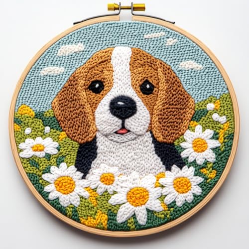 DIY Punch Needle Kits Cute Beagle Dog Flowers Easy for Beginners Punch Needle Embroidery Set with Hoop Stamped Pattern for Craft Lovers and Home Decor-3