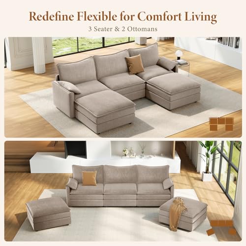 Image of Vesgantti 108 inch U Shaped Modern Cloud Couch, Deep Seat Sectionals, Brown