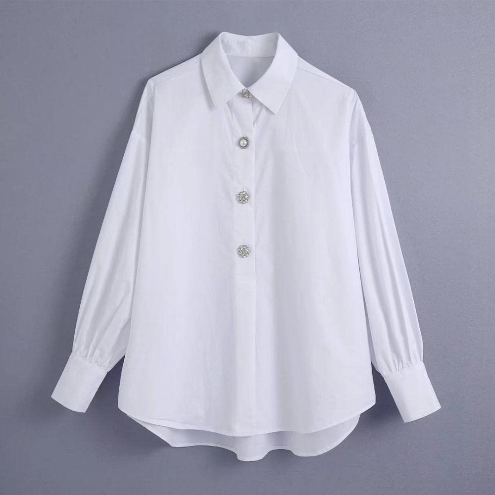 Shirt,Damen Weiß Solide Revers Zirkonia Knopf Unregelmäßiger Saum Sommer Blusen Langarm Chic Elegant Lässig Stilvolle Tops Loses Bürohemd