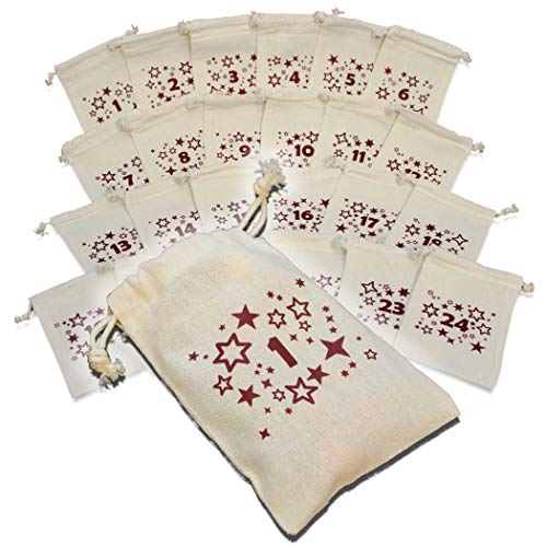 Toyz.de Adventskalender zum befüllen. 24er-Set Adventssäckchen, Baumwolle-natur mit zwei Zuziehkordeln, ca.10x14cm, Druckfarbe Bordeaux. Mit Aufbewahrungsbeutel.