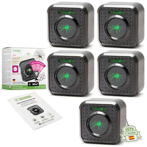 ISOTRONIC Ahuyentador de Arañas con Ultrasonidos | Repelente Ultrasónico de Arañas | Enchufe de 230 V | Sin Venenos | Set de 5