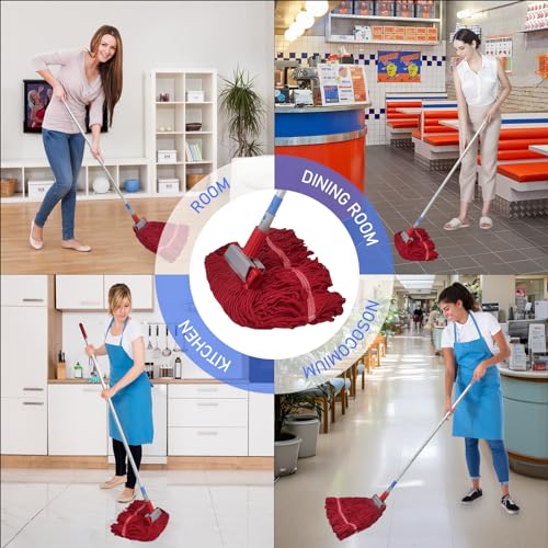 Image of Commercial Mop-Heavy Duty Industrial 59 inch Looped-End String Mop Heavy Duty Industrial Cotton Mophead Includes 2 Head for Home,Garage, Workshop, Warehouse Floor Cleaning-red