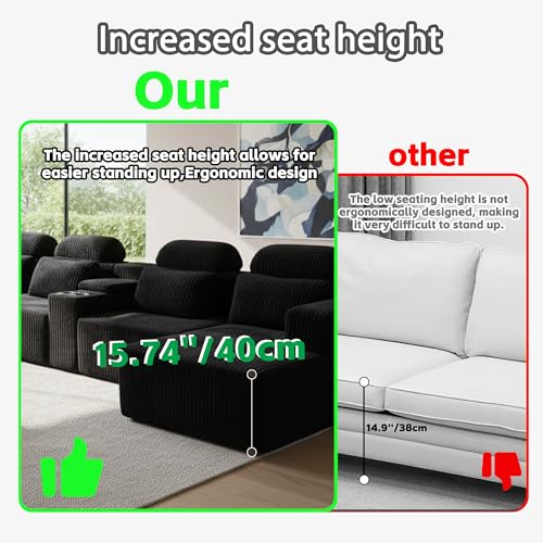 Image of 145 inch U Shaped Boneless Couches with Storage Console, Cup Holders, Chaise Lounge for Living Room, Modular Sectional Corduroy Comfy Cloud Memory Foam Deep Seat Oversized Boneless Sofa, Black