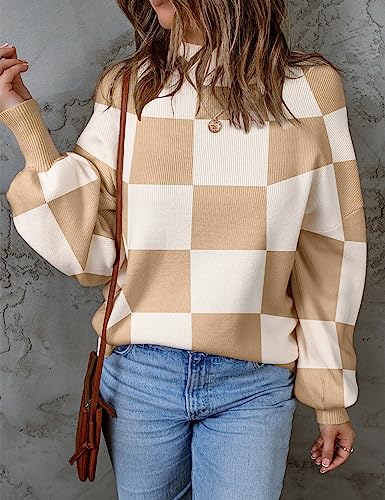 ZESICA Women's 2024 Fall Fashion Turtleneck Long Sleeve Striped Ribbed Knit Loose Pullover Sweater Tops,KhakiPlaid,Medium