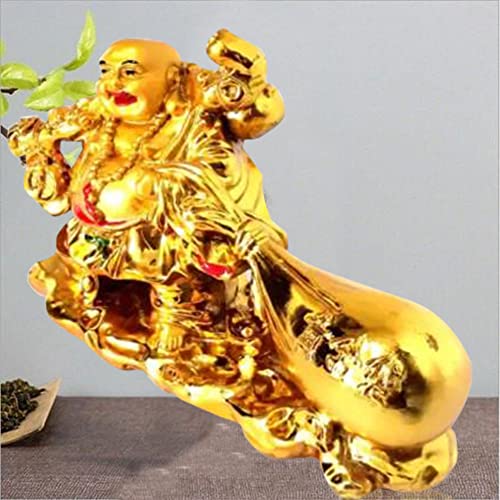 Image of Feng Shui Laughing Buddha Sitting On Dragon Blessing Good Luck Decorative Showpiece for Good Fortune, Success & Prosperity, Budha Showpieces for Home Decor (Buddha with Potli)