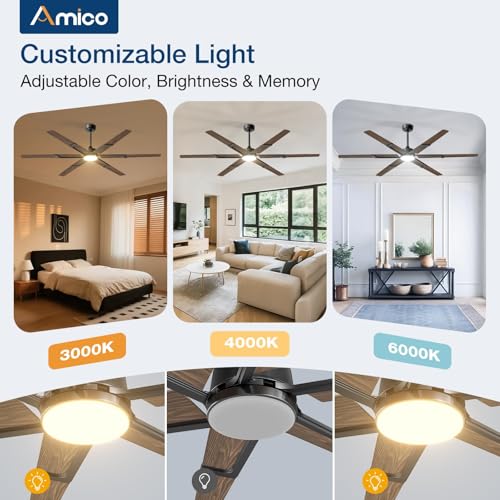 Image of Amico Ceiling Fans with Lights and Remote, 72 Inch Walnut Indoor /Outdoor Ceiling Fan with 6 Speed, Reversible DC Motor, 3CCT, Dimmable, Noiseless modern ceiling fan for Bedroom, Living Room, Patio