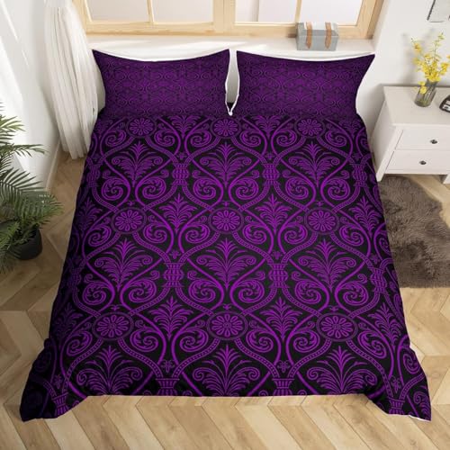 Purple Black Ombre Floral Bedding Set For Girls Women Super King Gothic Baroque Damask Comforter Cover Bohemian Exotic Duvet Cover Vintage Victorian Style Quilt Cover With 2 Pillow Cases
