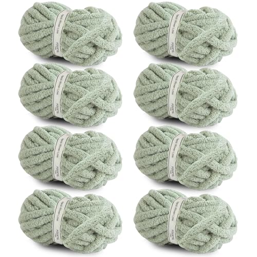 Image of 8 Jumbo Packs Chunky Chenille Yarn for Crocheting, 31.7 yds, 8 oz Each Skein Bulky Thick Fluffy Yarn for Knitting, Super Bulky Chunky Yarn for Hand Knitting Blanket, Soft Plush Yarn - Sage Green