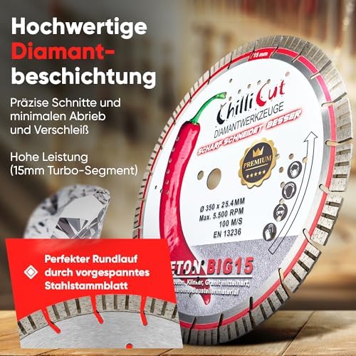 ChiliCut Big 15 Diamanttrennscheibe 350 mm x 30 mm – mit langlebigen Big 15-Segmenten für Beton, Pflastersteine und Naturstein – extra starke Premium Diamantscheibe für Nass- und Trockenschnitt