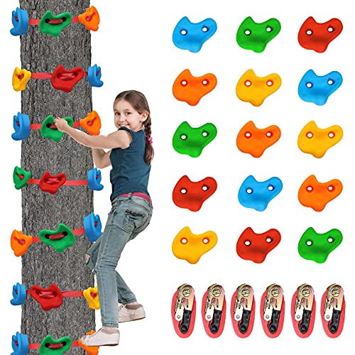 Trsmima Ninja Tree Climbing Holds: 15 Rock Climbing Holds for Kids with 6 Ratchet Straps - Climbing Grips for Tree Climber Outdoor Backyard Playground Tree Climbing Hand Holds Play Set