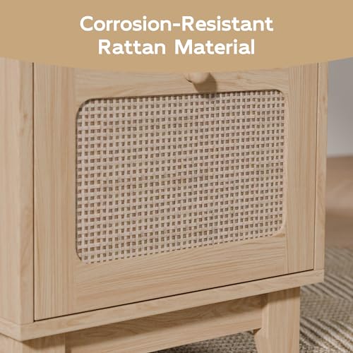 Modern Rattan Nightstand Set of 2, Wicker Rattan Stand with Drawer and Charge Station, Wooden Bedside Table for Small Spaces, Natural Wood Side Table for Bedroom (with Charging Station, 2) - Image 6