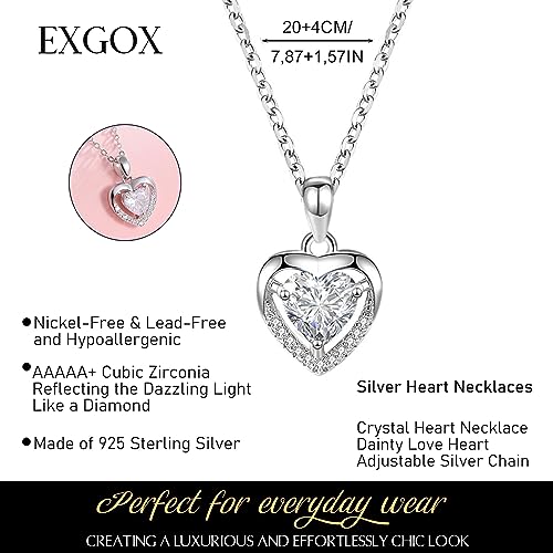 EXGOX Silver Heart Necklaces, 925 Sterling Silver Necklace for Women Crystal Heart Necklace Dainty Love Heart Necklace Adjustable Silver Chain Necklace Women Birthday Gift (White-Crystal Heart) - Image 3