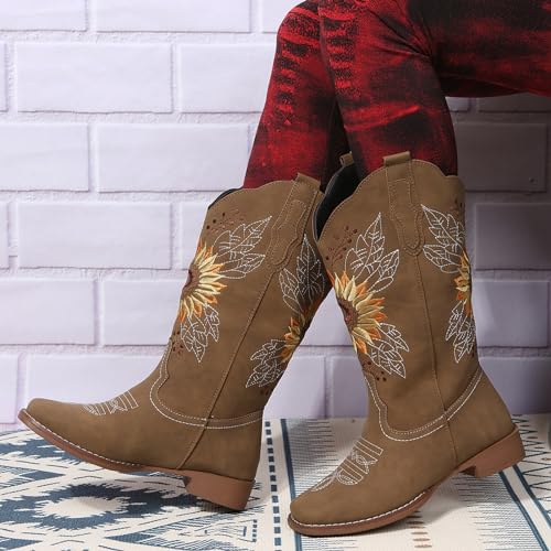 SACFOF Cowboy Boots for Women Sunflower Boots Square Toe Mid Calf Western Embroidery Stitched Low Heel Western Cowgirl Boots4