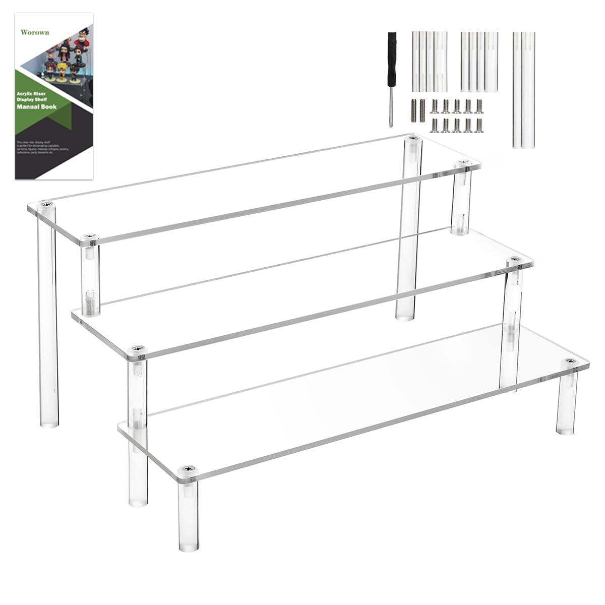 Worown Acrylic Riser Shelf, 3-Tier Clear Display Stand, Clear Display Riser Shelf for Cupcake, Trophy, Perfume, Figures, Cosmetics, Jewelry, Collections and Party Desserts