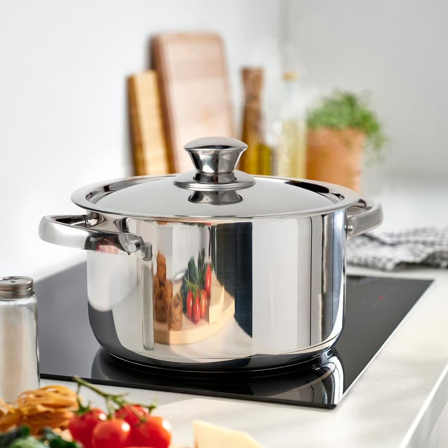Image of DVARGKRAFTA Stainless Steel Pot with Lid, 3 L, Induction Compatible, Thick Aluminium Base, 20 cm Diameter, Stackable Design, Gas Hob Compatible