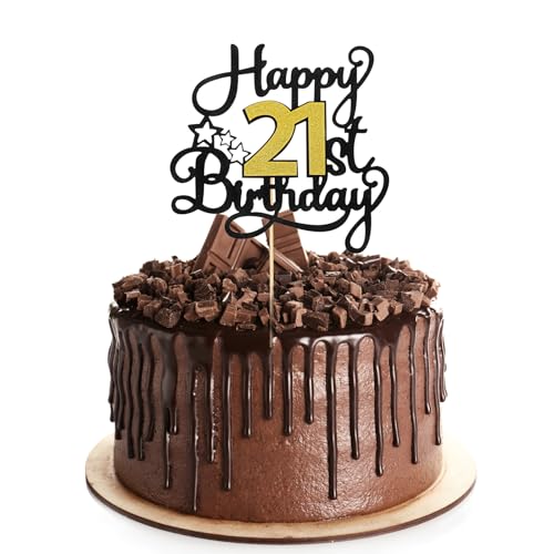 Happy 21st Birthday Cake Topper Glitter 21 Cake Decoration for Birthday Anniversary Party Supplies (Black & Gold)