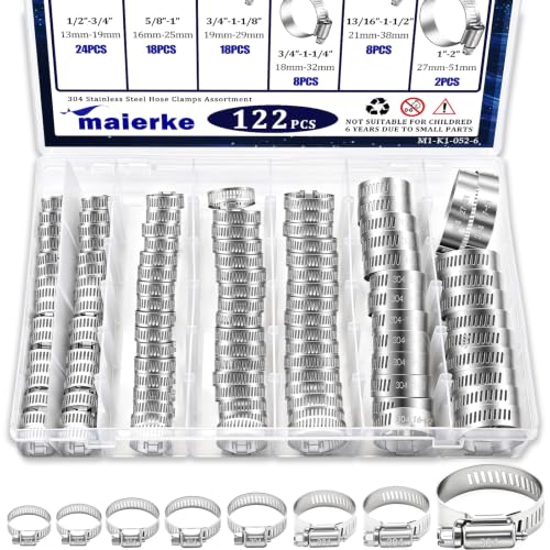 122PCS 1/4"-2"(6-51mm) 304 Stainless Steel Hose Clamps Assortment Kit