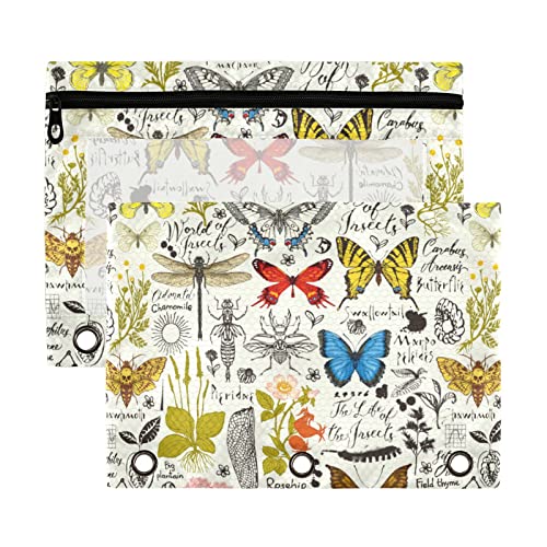 Estuche para lápices de 3 anillos con diseño retro de mariposas, escarabajos, hierbas, 2 unidades, transparente, impermeable, de plástico, con cremallera, organizador de documentos de oficina