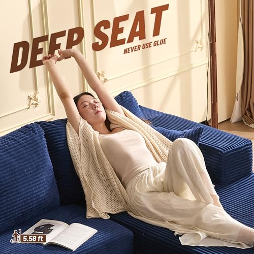 138" Boneless Couch with Deep Seat, Modular Sectional Sofa, Cloud Sectional Couch for Living Room, No Assembly Required, Corduroy, U-Shape 4 Seater Right, Blue - Image 4