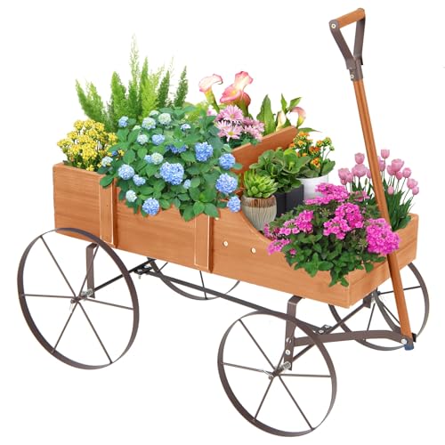 RELAX4LIFE Blumenständer mit 4 Rädern aus Metall, Pflanzwagen aus Massivholz, Holzwagen bis zu 15 kg belastbar, Blumenkasten für Garten & Balkon & Terrasse, Blumenwagen Geschenkwagen Deko (Orange)