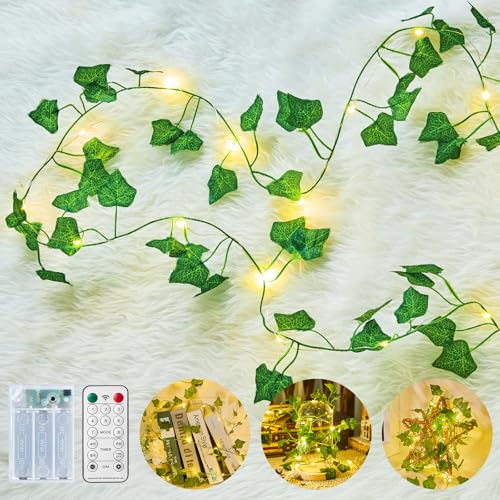 Image of Minetom Vine Lights for Bedroom, 21ft 60LED Fairy Lights Battery Operated with Remote Control, 8 Lighting Modes Ivy Vines String Light for Bedroom Room Wall Wedding Christmas, Warm White