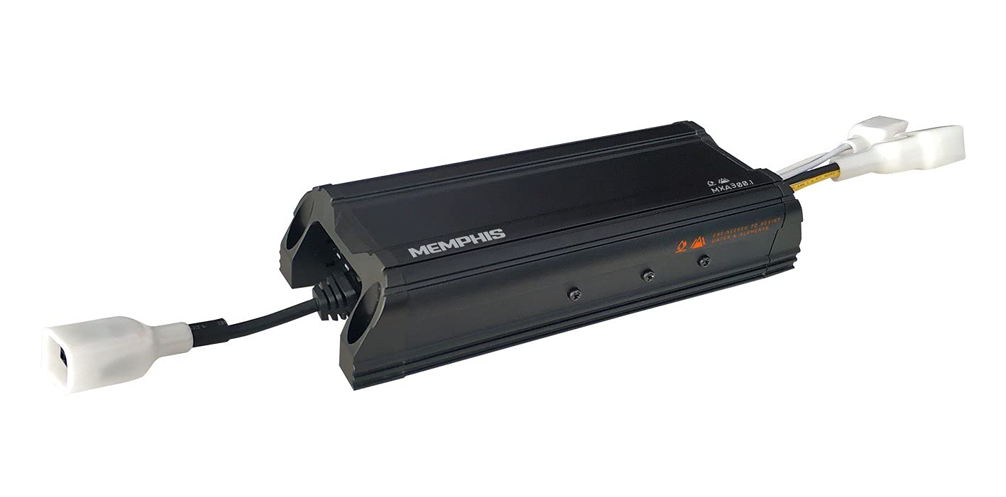 Memphis Audio MXA300.1 ampкөтөргүч, өйдө-төмөн view, showing its compact black casing and integrated wiring harnesses.