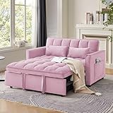 tiramisubest Sleeper Sofa Bed,55'' Convertible Pull Out Couch with Side Pockets,Velvet Fabric Loveseat Sleeper Sofa with Adjustable Backrest for Living Room,Bedroom,Apartment and Small Space (Pink)