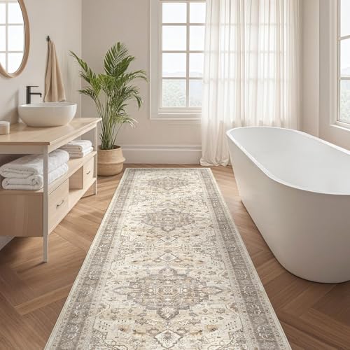 Runner Rug Kitchen Washable Rugs: 3x8 Non-Slip Boho Soft Vintage Stain Resistant Indoor Floor Neutral Farmhouse Throw Carpet for Hallway Bathroom Laundry Room Entryway Bedroom- Brown