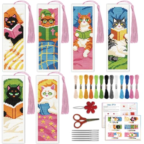 Image of ACRNIGHEET 6PCS Cross Stitch Bookmark Kit for Beginner Stamped Cross Stitch Kits for Adults Cute Reading Cat DIY Tassel Embroidery Bookmark Kits Needlepoint Kit with Instructions Gift 8.5''x3'' 11CT