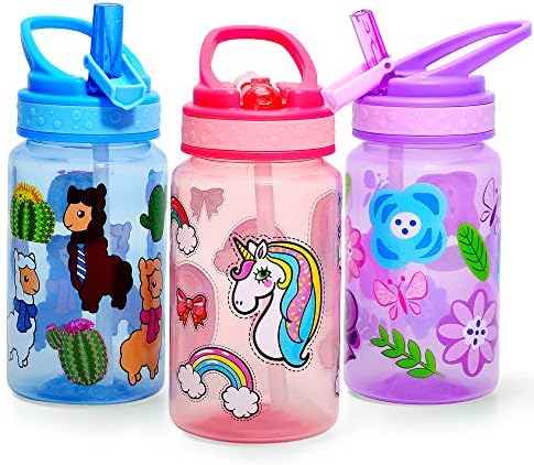 Home Tune Kids Water Drinking Bottle (440ml) - BPA Free, Wide Mouth, Flip Straw Sip Lid, Easy Open, Lightweight, Leak-Proof Water Bottle Cute Design For Girls & Boys - 3 Pack Flower & Unicorn & Llama