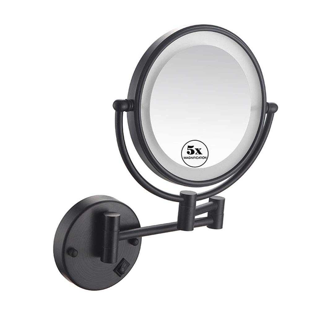 LED Wall Mount Makeup Mirror with 5X Magnification 8-Inch Lighted, 360°Swivel 12" Extension Two-Side Retractable Makeup Mirror with Matte Black Finish for Bathroom Bedroom