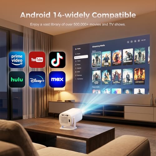 WellSonic Mini Projector with Wifi and Bluetooth, 4K Protable Smart Projector Build-in Android 14, 130" Screen Auto Keystone Movie Projector Compatible with HDMI Phone TV Stick for Bedroom Outdoor