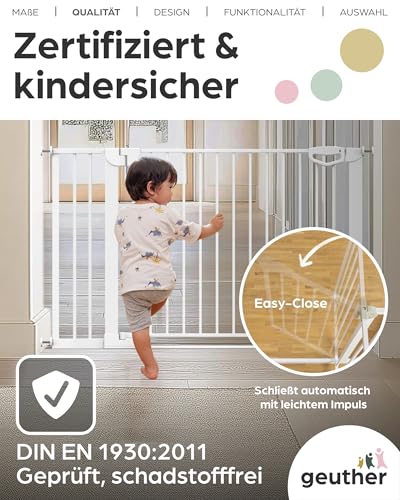 Geuther Türschutzgitter Easylock Flatstep Weiß I Treppenschutzgitter zum Klemmen oder Bohren I Breite 90-97 cm I Türschutz für Ihr Baby & Haustier I Kinderschutzgitter beidseitig öffnend
