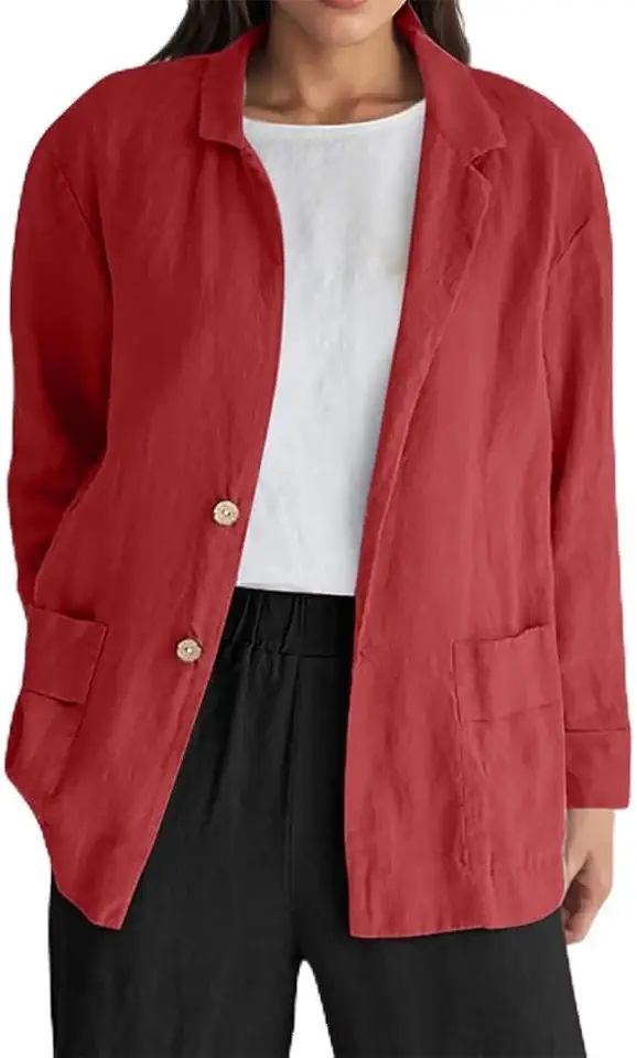 Blazer feminino leve, casual, de algodão, manga comprida, com botões, ajuste solto, para trabalho, escritório, com bolsos