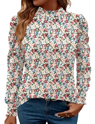 Image of LUYAA Puff Long Sleeve Shirts for Women Tops Dressy Casual Frill Mock Neck Smocked Cuffs Blouses