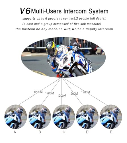 Image of V6 Plus Bluetooth Motorcycle Helmet Intercom Headset - 1500M Wireless Range, Connect 6 Riders, Waterproof, Noise Cancellation & On-Ear Motorbike