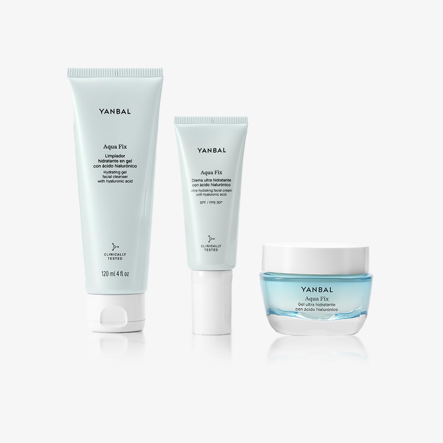 Yanbal Aqua Fix Hyaluronic Acid Hydrating Skincare Set for Face, 3 Piece Cleansing Gel, Ultra-Hydrating Cream, for All Skin Daily Face Care and Providing up to 48 Hours of Protection.