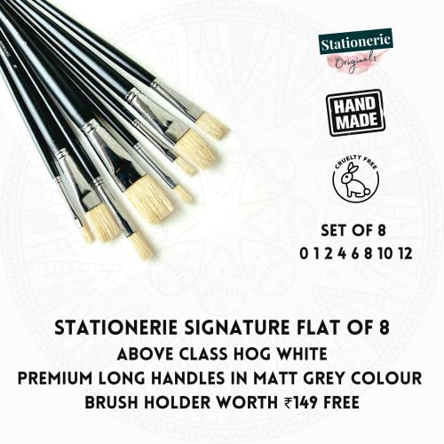 Image of Stationerie Artist Quality Natural Hog Flat Hair Paint Brush Set, 8 Piece Set for Oil & Acrylic Painting Long Handle(Wood)